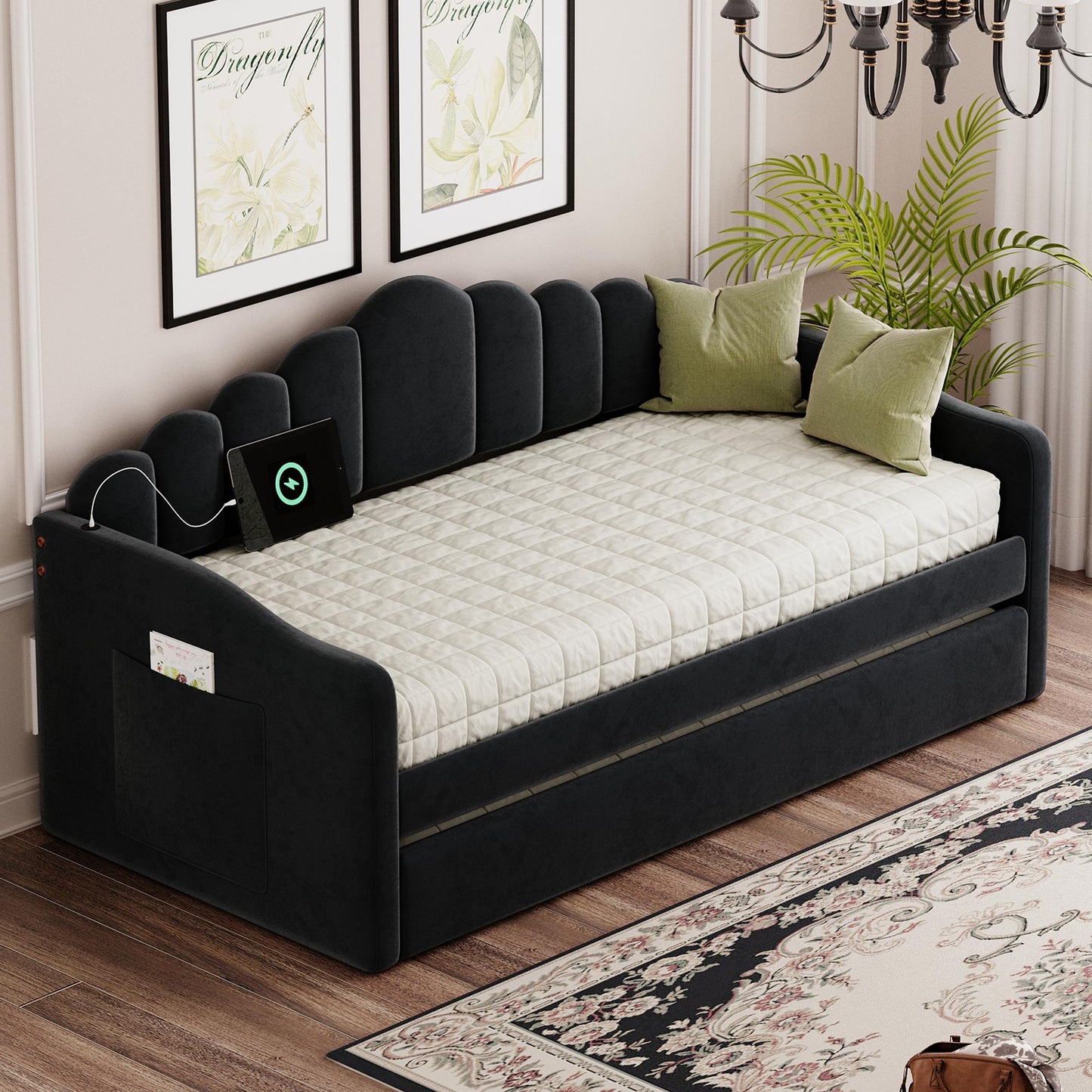 Twin size Upholstered Daybed with Trundle ,Velvet Sofabed with USB Charging Ports,No Box-spring Needed,Black