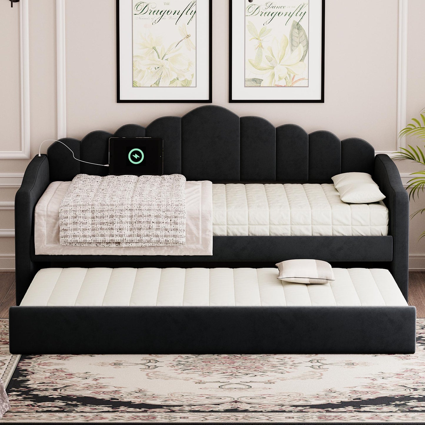 Twin size Upholstered Daybed with Trundle ,Velvet Sofabed with USB Charging Ports,No Box-spring Needed,Black