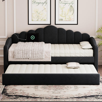 Twin size Upholstered Daybed with Trundle ,Velvet Sofabed with USB Charging Ports,No Box-spring Needed,Black