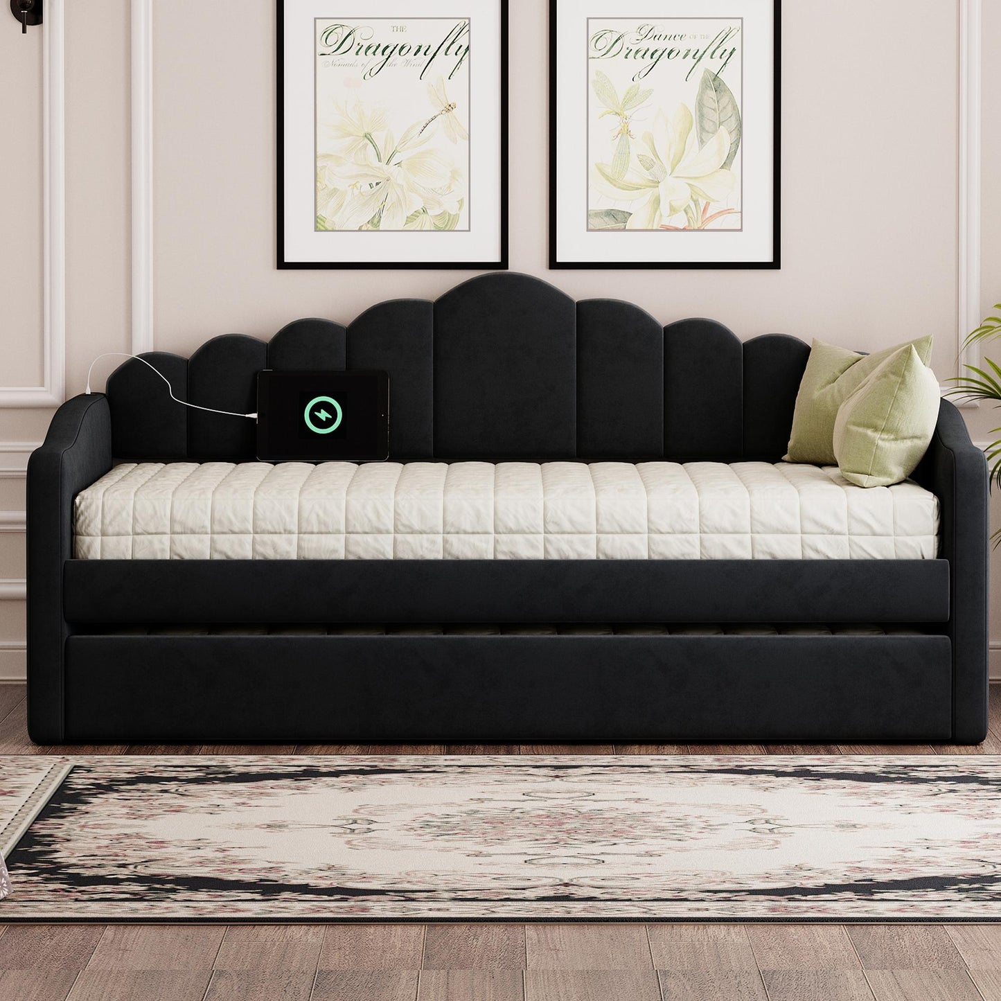 Twin size Upholstered Daybed with Trundle ,Velvet Sofabed with USB Charging Ports,No Box-spring Needed,Black