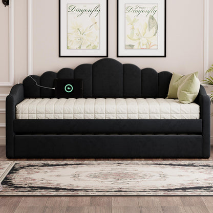 Twin size Upholstered Daybed with Trundle ,Velvet Sofabed with USB Charging Ports,No Box-spring Needed,Black