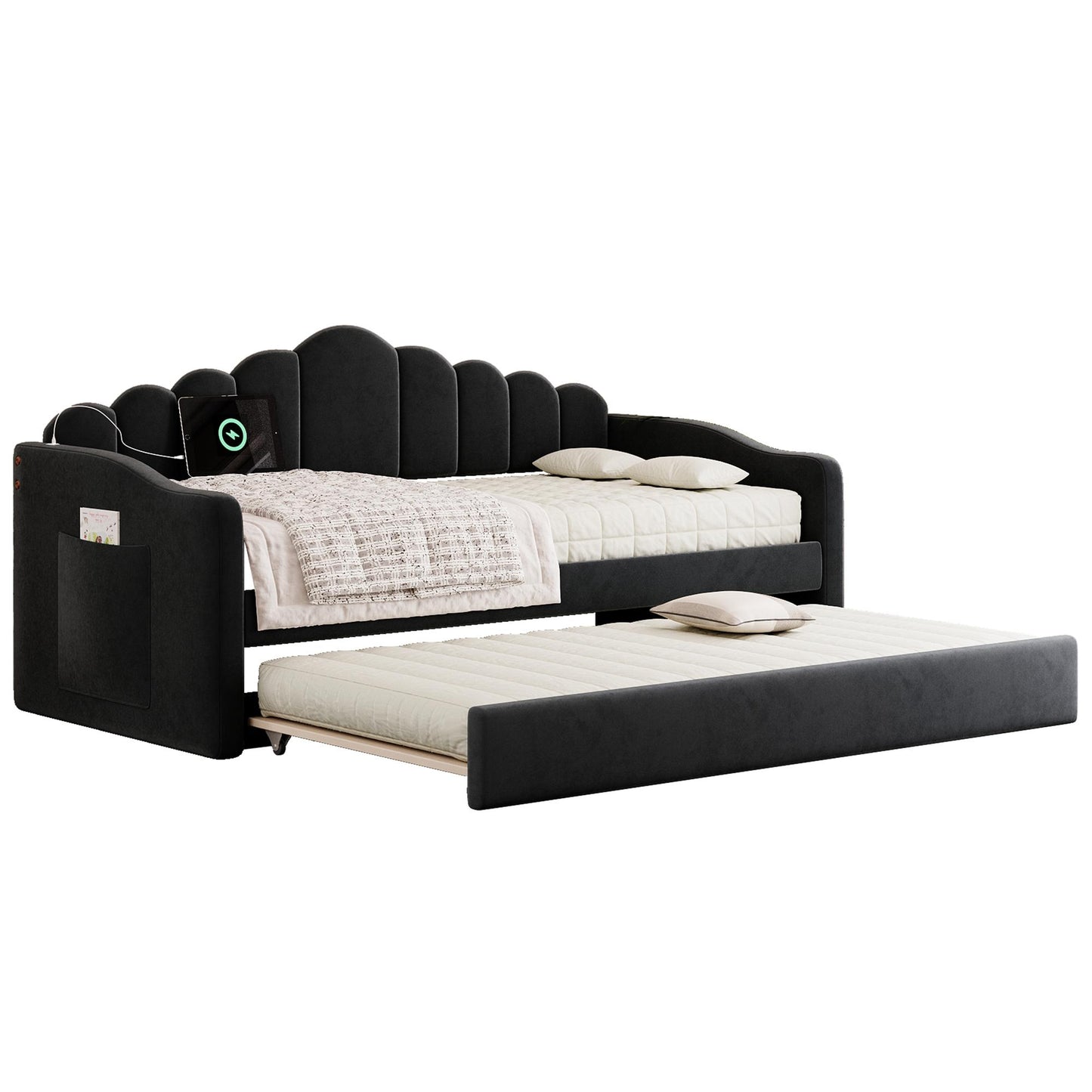 Twin size Upholstered Daybed with Trundle ,Velvet Sofabed with USB Charging Ports,No Box-spring Needed,Black