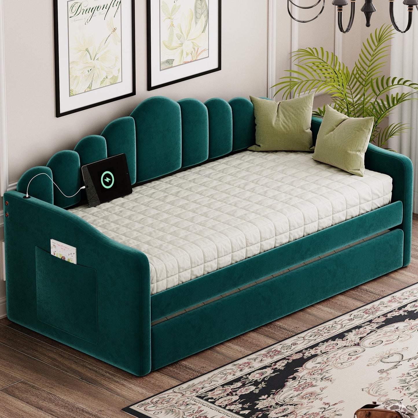 Twin size Upholstered Daybed with Trundle ,Velvet Sofabed with USB Charging Ports,No Box-spring Needed,Green