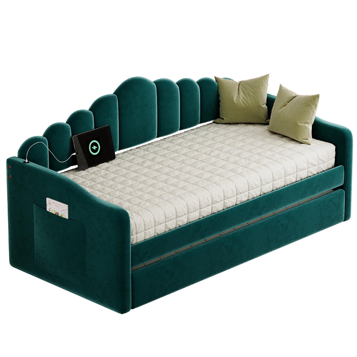 Twin size Upholstered Daybed with Trundle ,Velvet Sofabed with USB Charging Ports,No Box-spring Needed,Green