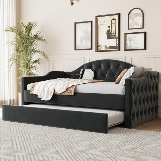 Twin Size Tufted Upholstered Daybed with Trundle ,Velvet Sofabed with USB&Type-C Charging Ports,No Box-spring Needed,Black