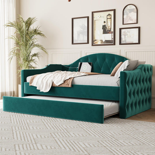 Twin Size Tufted Upholstered Daybed with Trundle ,Velvet Sofabed with USB&Type-C Charging Ports,No Box-spring Needed,Green
