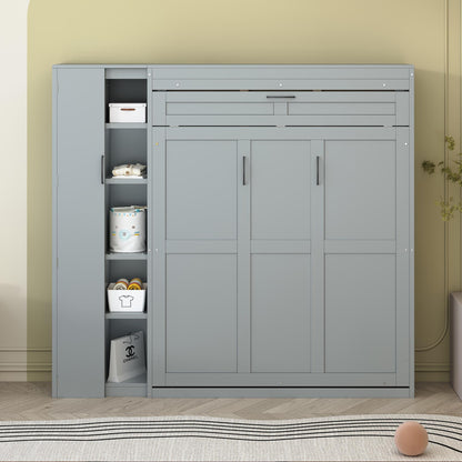 Full Size Murphy Bed Wall Bed with Shelves, Wardrobe and LED Lights,Gray