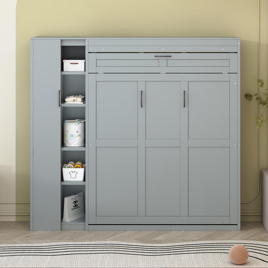 Full Size Murphy Bed Wall Bed with Shelves, Wardrobe and LED Lights,Gray