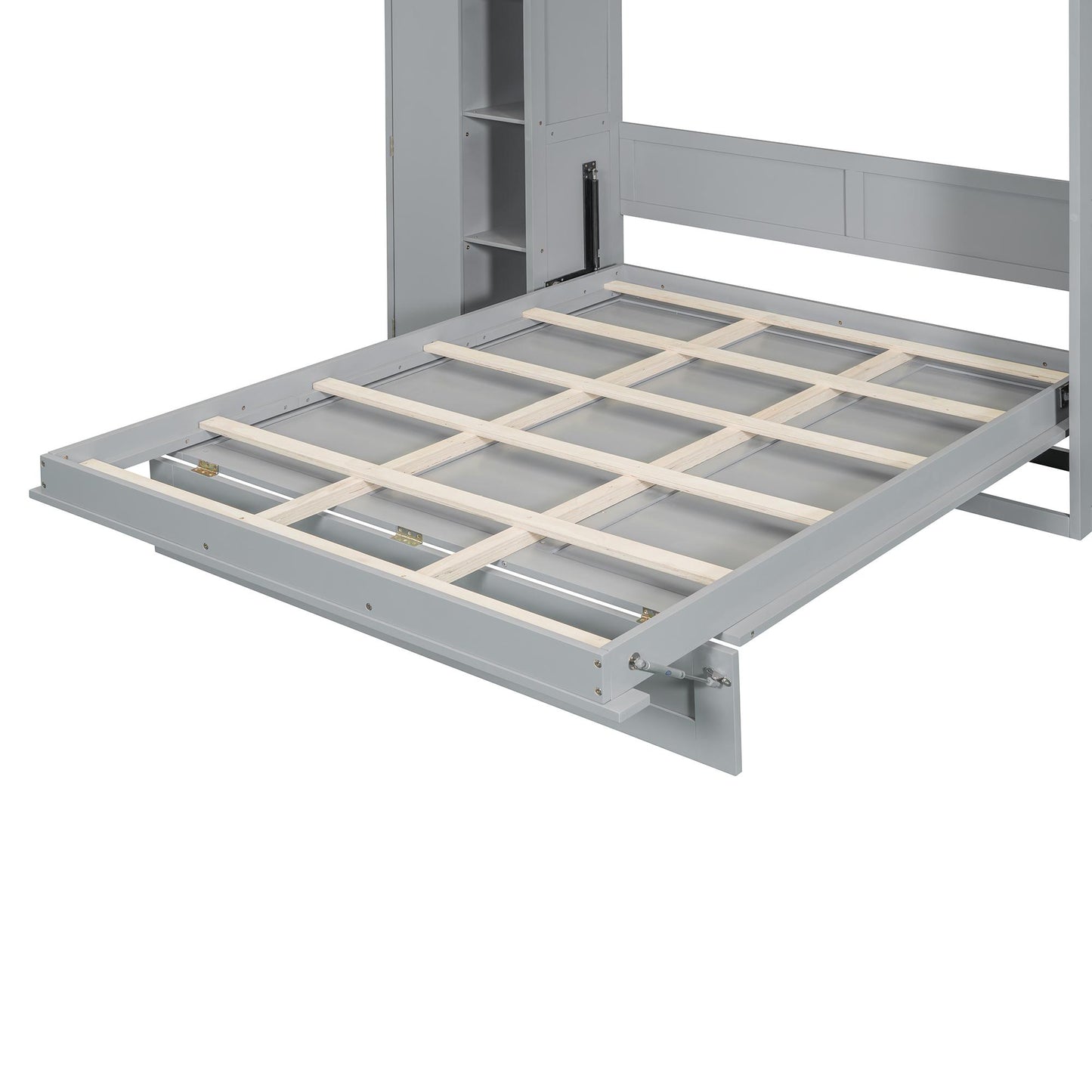 Full Size Murphy Bed Wall Bed with Shelves, Wardrobe and LED Lights,Gray