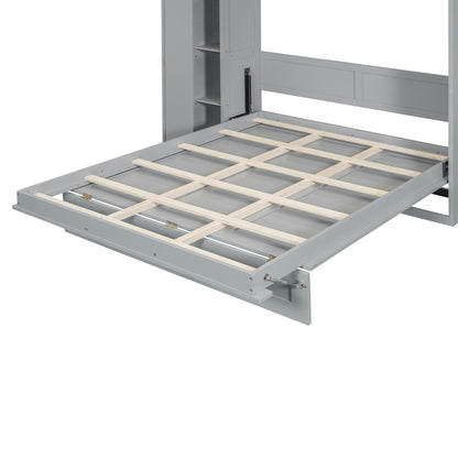 Full Size Murphy Bed Wall Bed with Shelves, Wardrobe and LED Lights,Gray