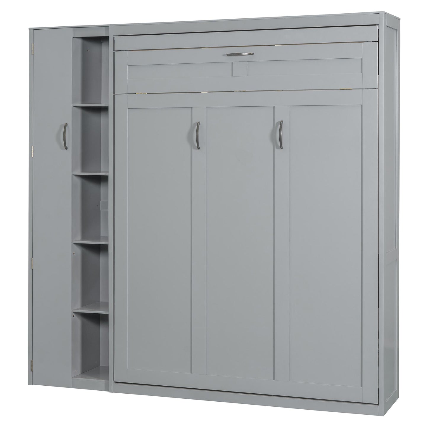 Full Size Murphy Bed Wall Bed with Shelves, Wardrobe and LED Lights,Gray