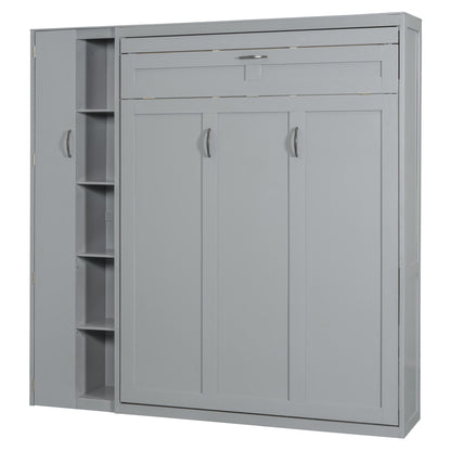 Full Size Murphy Bed Wall Bed with Shelves, Wardrobe and LED Lights,Gray
