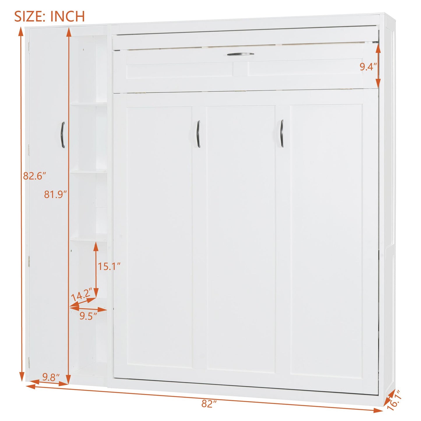 Full Size Murphy Bed Wall Bed with Shelves, Wardrobe and LED Lights,White