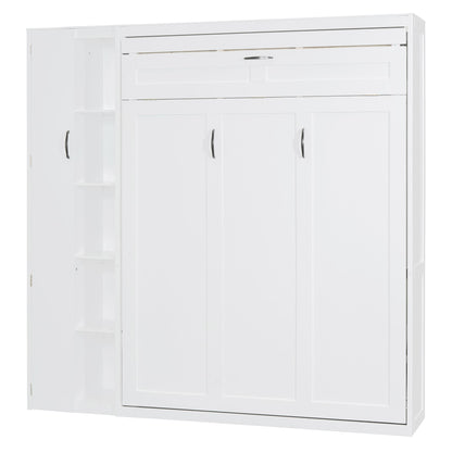 Full Size Murphy Bed Wall Bed with Shelves, Wardrobe and LED Lights,White