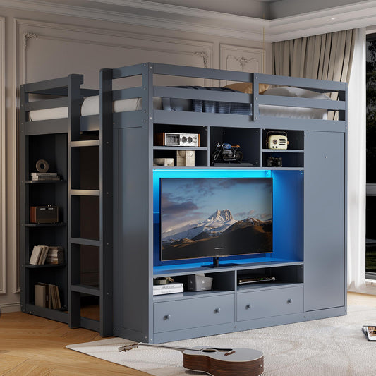 Full size Loft Bed with Drawers, Shelves and Light - Gray