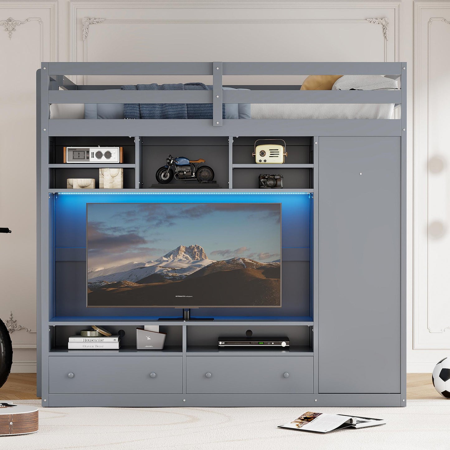 Full size Loft Bed with Drawers, Shelves and Light - Gray