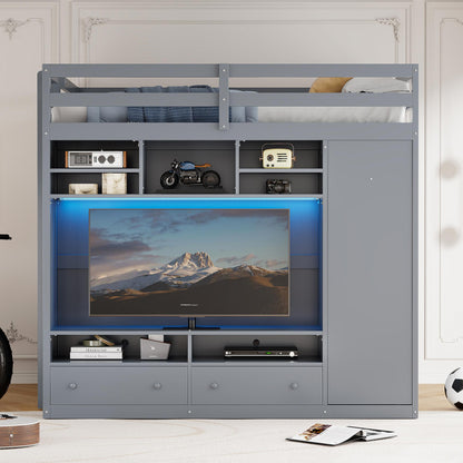 Full size Loft Bed with Drawers, Shelves and Light - Gray