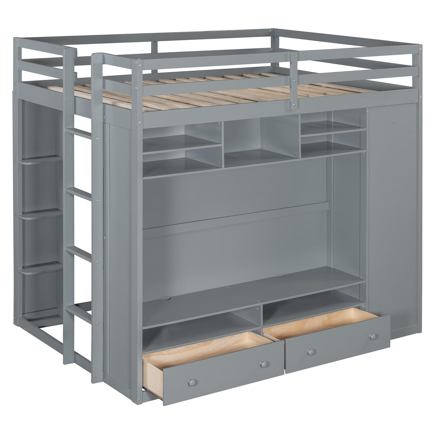 Full size Loft Bed with Drawers, Shelves and Light - Gray