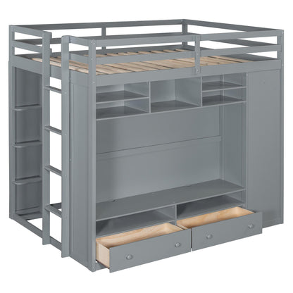 Full size Loft Bed with Drawers, Shelves and Light - Gray