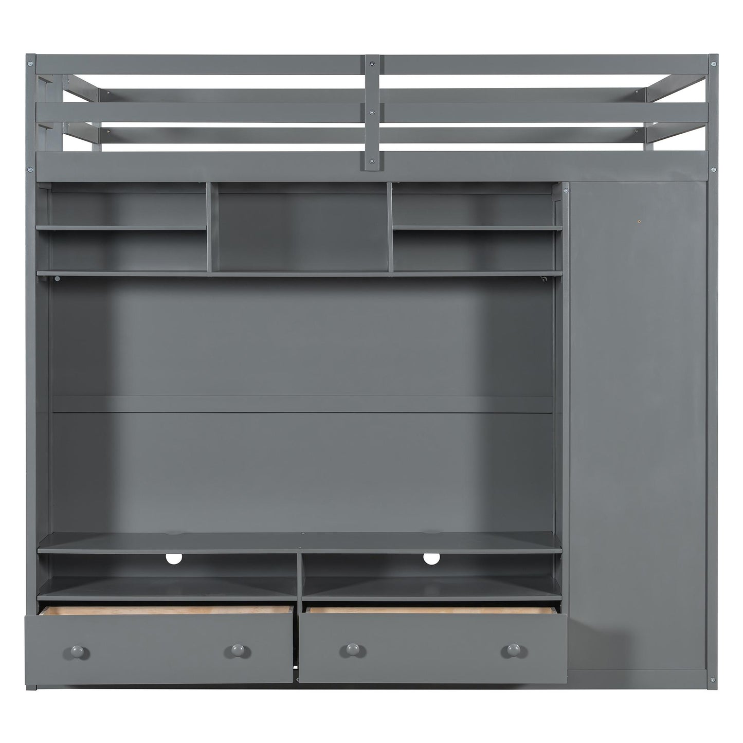 Full size Loft Bed with Drawers, Shelves and Light - Gray