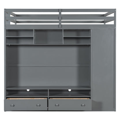 Full size Loft Bed with Drawers, Shelves and Light - Gray
