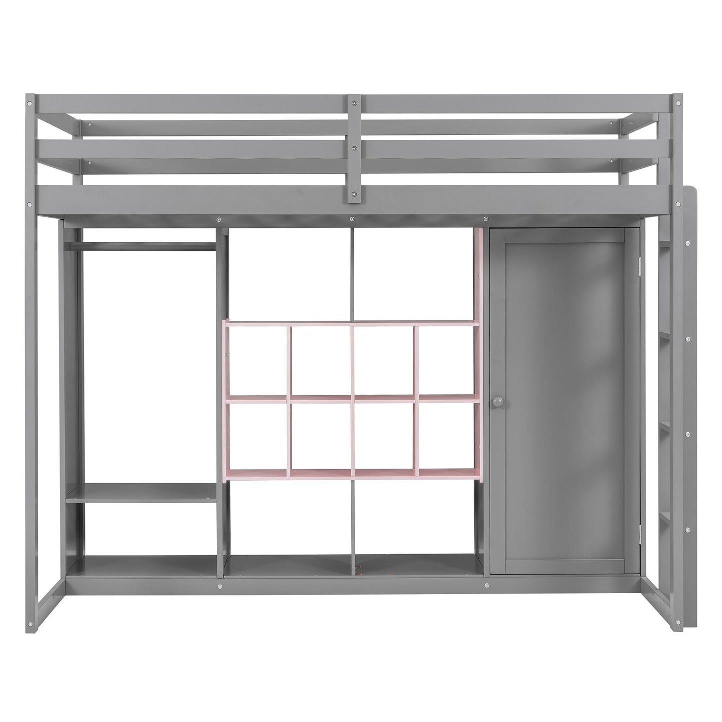Twin Size Wood Loft Bed with Wardrobe, shelves and  Cabinet, Gray+Pink