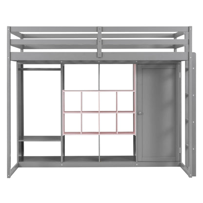 Twin Size Wood Loft Bed with Wardrobe, shelves and  Cabinet, Gray+Pink