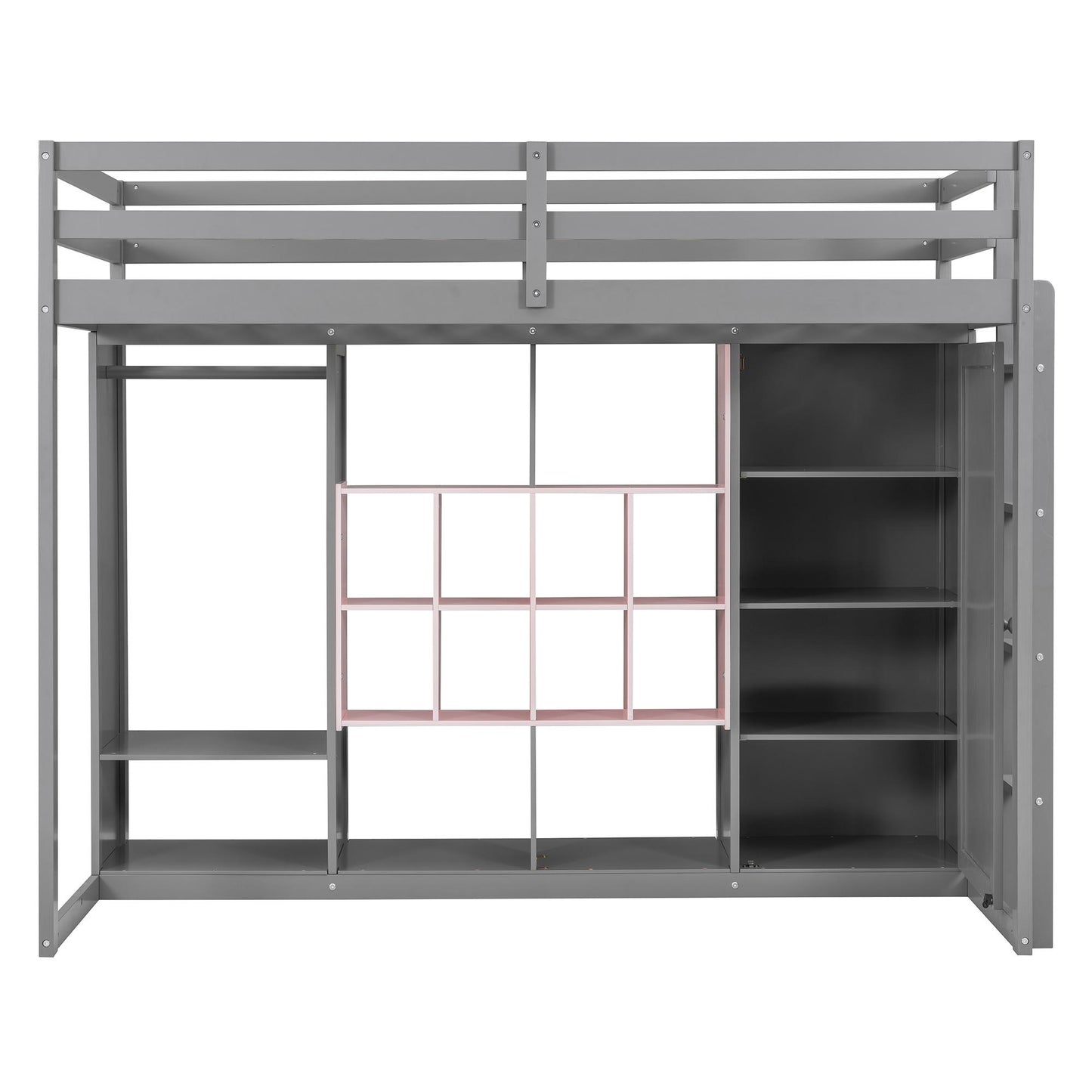 Twin Size Wood Loft Bed with Wardrobe, shelves and  Cabinet, Gray+Pink