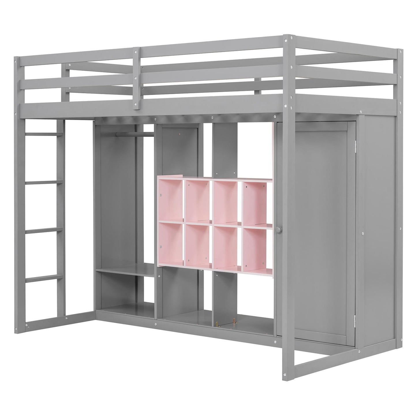 Twin Size Wood Loft Bed with Wardrobe, shelves and  Cabinet, Gray+Pink