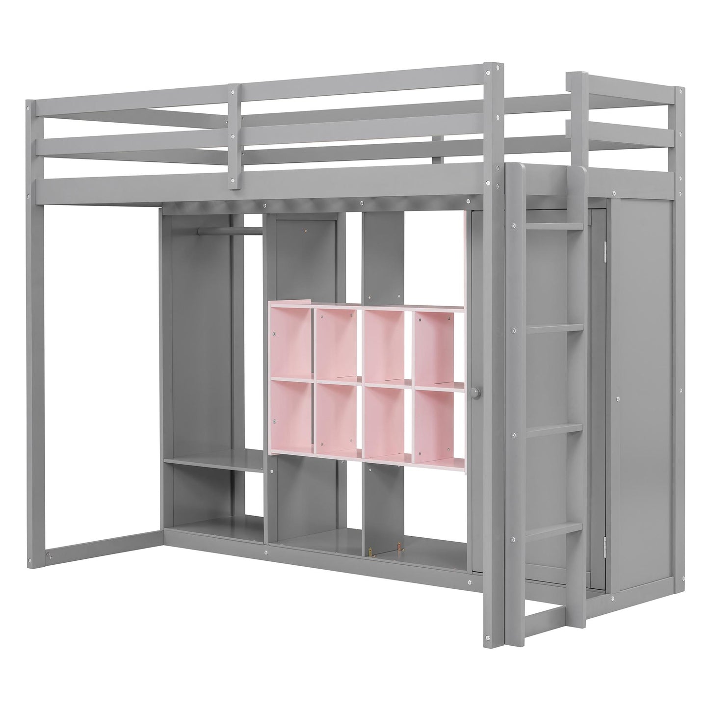 Twin Size Wood Loft Bed with Wardrobe, shelves and  Cabinet, Gray+Pink