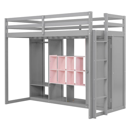 Twin Size Wood Loft Bed with Wardrobe, shelves and  Cabinet, Gray+Pink