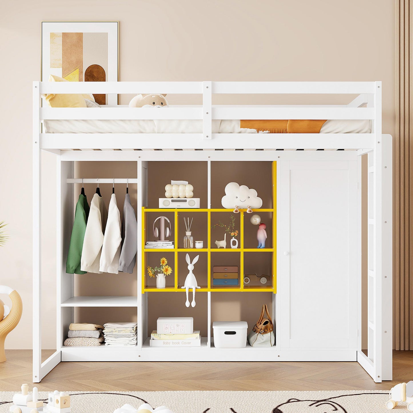 Twin Size Wood Loft Bed with Wardrobe, shelves and  Cabinet, White+Yellow