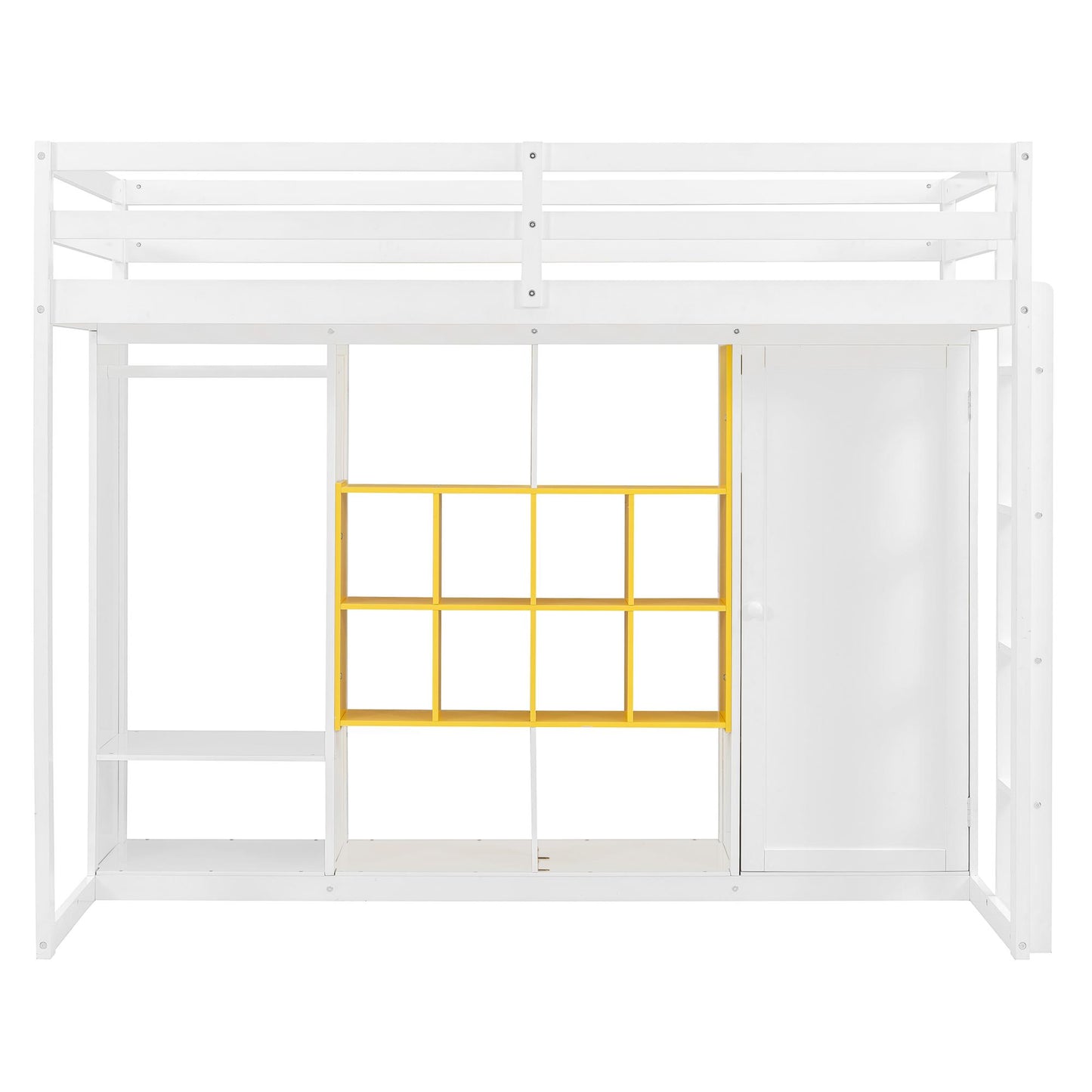 Twin Size Wood Loft Bed with Wardrobe, shelves and  Cabinet, White+Yellow