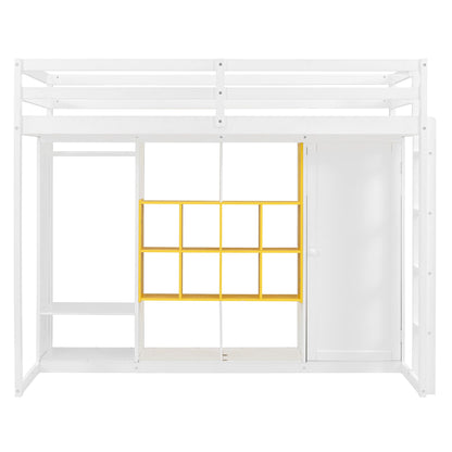 Twin Size Wood Loft Bed with Wardrobe, shelves and  Cabinet, White+Yellow