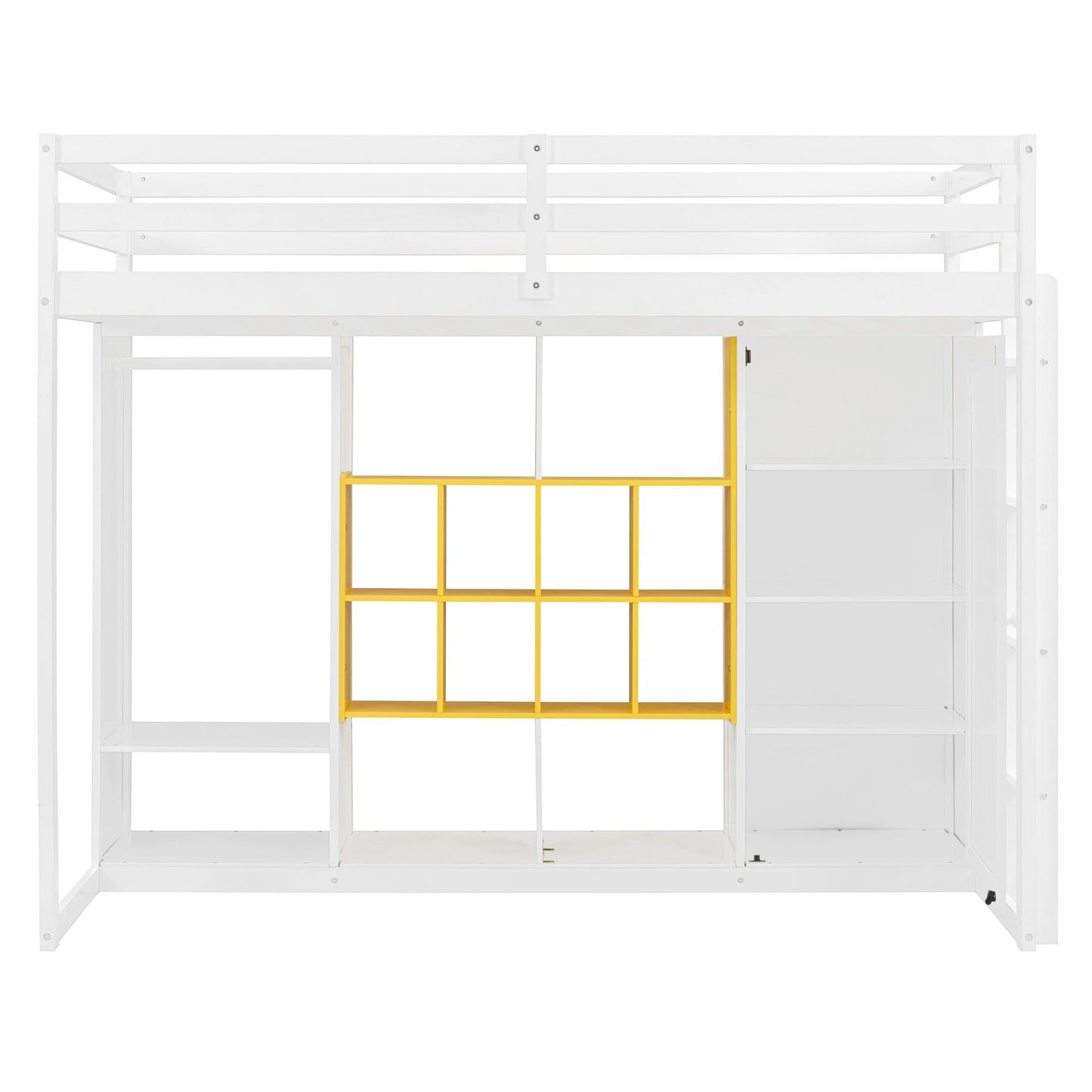 Twin Size Wood Loft Bed with Wardrobe, shelves and  Cabinet, White+Yellow