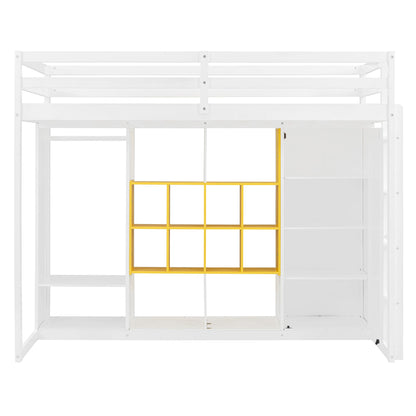 Twin Size Wood Loft Bed with Wardrobe, shelves and  Cabinet, White+Yellow