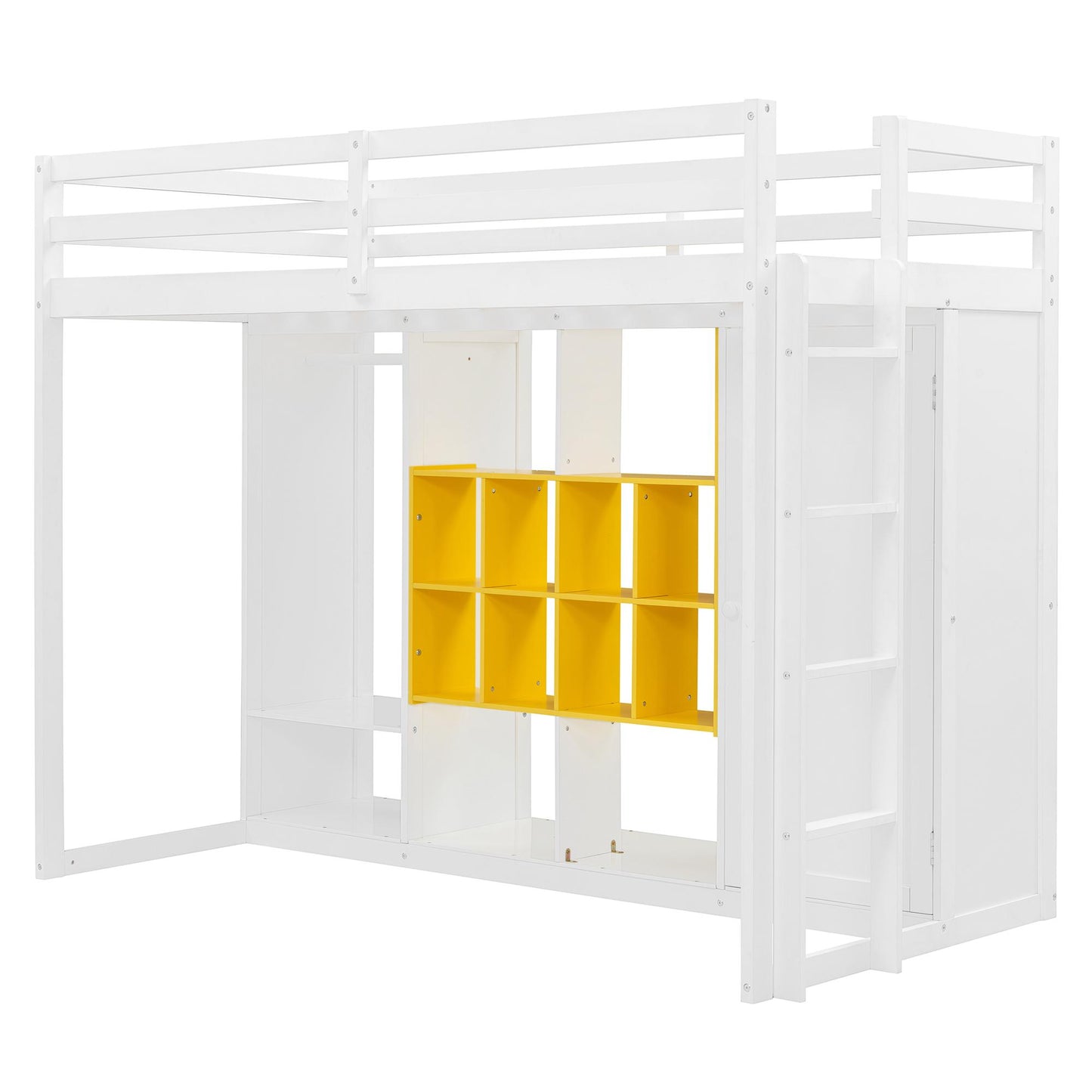Twin Size Wood Loft Bed with Wardrobe, shelves and  Cabinet, White+Yellow