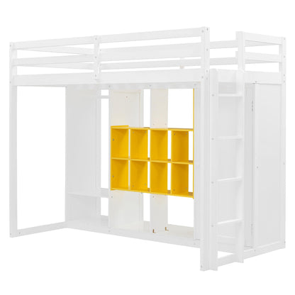 Twin Size Wood Loft Bed with Wardrobe, shelves and  Cabinet, White+Yellow