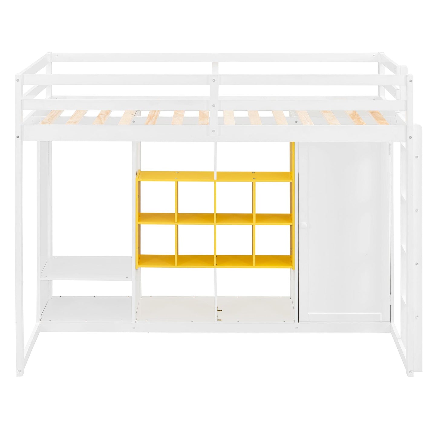 Twin Size Wood Loft Bed with Wardrobe, shelves and  Cabinet, White+Yellow