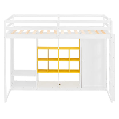 Twin Size Wood Loft Bed with Wardrobe, shelves and  Cabinet, White+Yellow