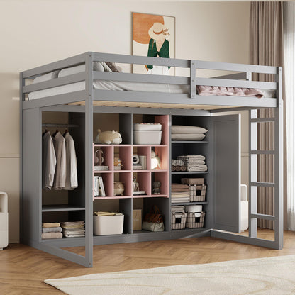 Full Size Wood Loft Bed with Wardrobe, shelves and  Cabinet, Gray+Pink