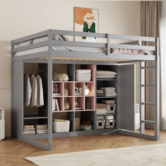 Full Size Wood Loft Bed with Wardrobe, shelves and  Cabinet, Gray+Pink