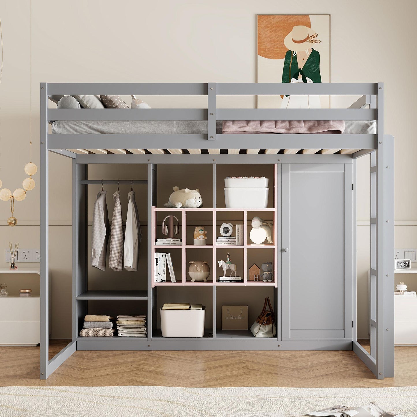 Full Size Wood Loft Bed with Wardrobe, shelves and  Cabinet, Gray+Pink