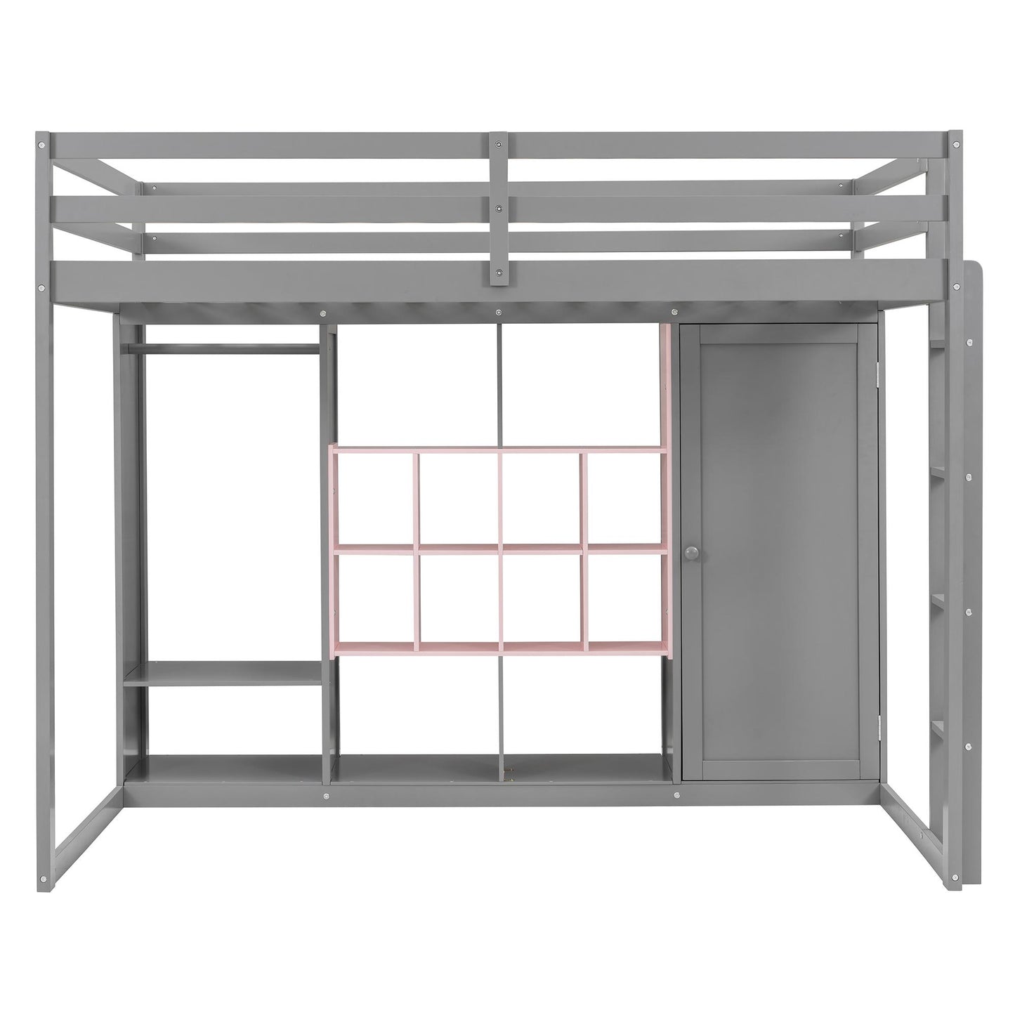 Full Size Wood Loft Bed with Wardrobe, shelves and  Cabinet, Gray+Pink