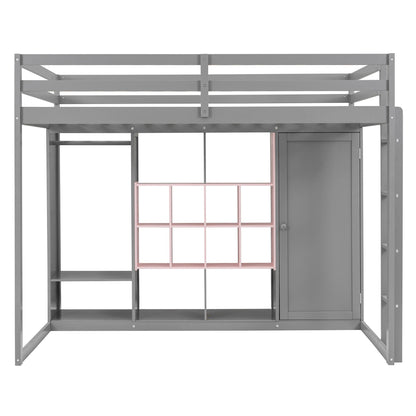 Full Size Wood Loft Bed with Wardrobe, shelves and  Cabinet, Gray+Pink
