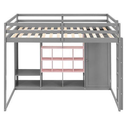 Full Size Wood Loft Bed with Wardrobe, shelves and  Cabinet, Gray+Pink