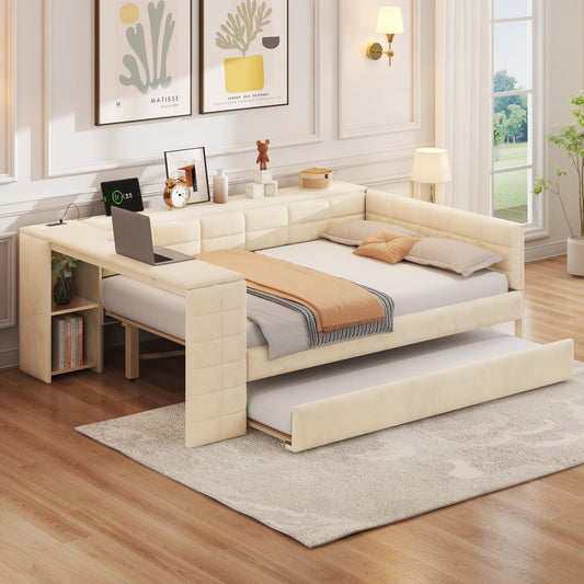 Full Size Upholstered Platform Bed with Storage Shelves, Desk, Charging Station and Trundle, Beige
