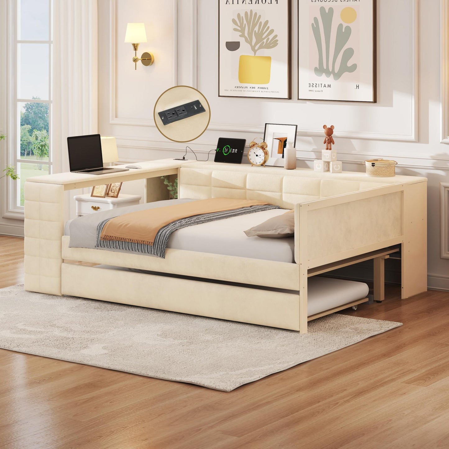 Full Size Upholstered Platform Bed with Storage Shelves, Desk, Charging Station and Trundle, Beige