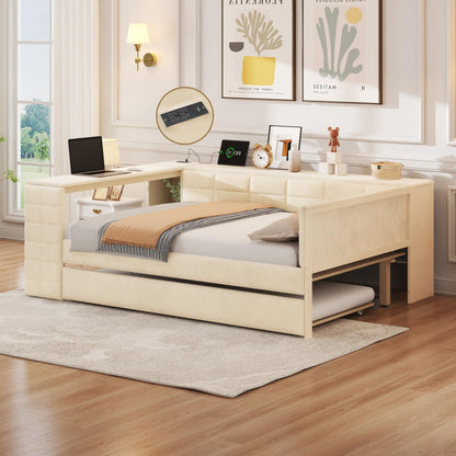 Full Size Upholstered Platform Bed with Storage Shelves, Desk, Charging Station and Trundle, Beige