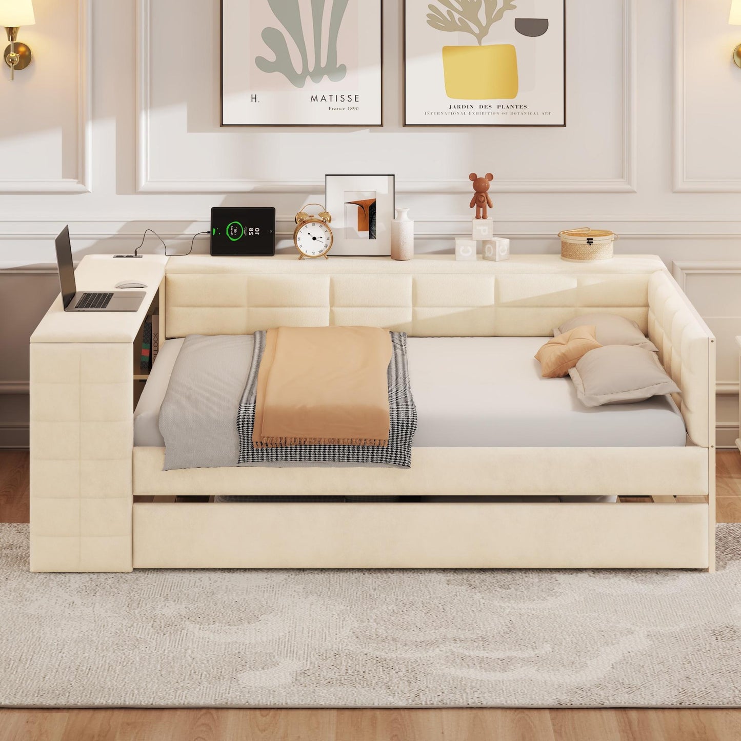 Full Size Upholstered Platform Bed with Storage Shelves, Desk, Charging Station and Trundle, Beige